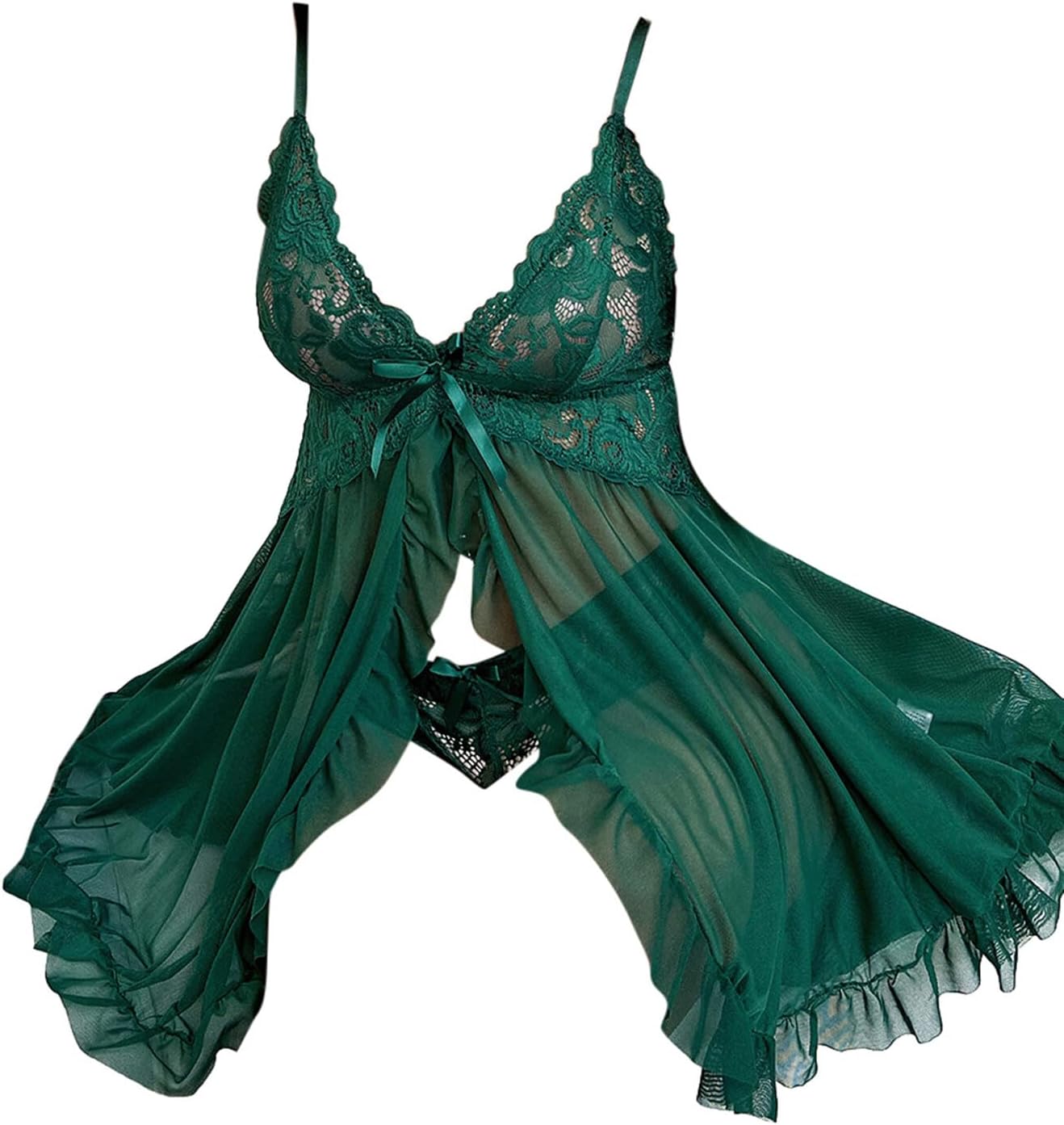 Katutude Women's Lingerie Set Lace Mesh Babydoll Lingerie with Panty Spaghetti Strap V Neck Sleepwear Split Nightdress