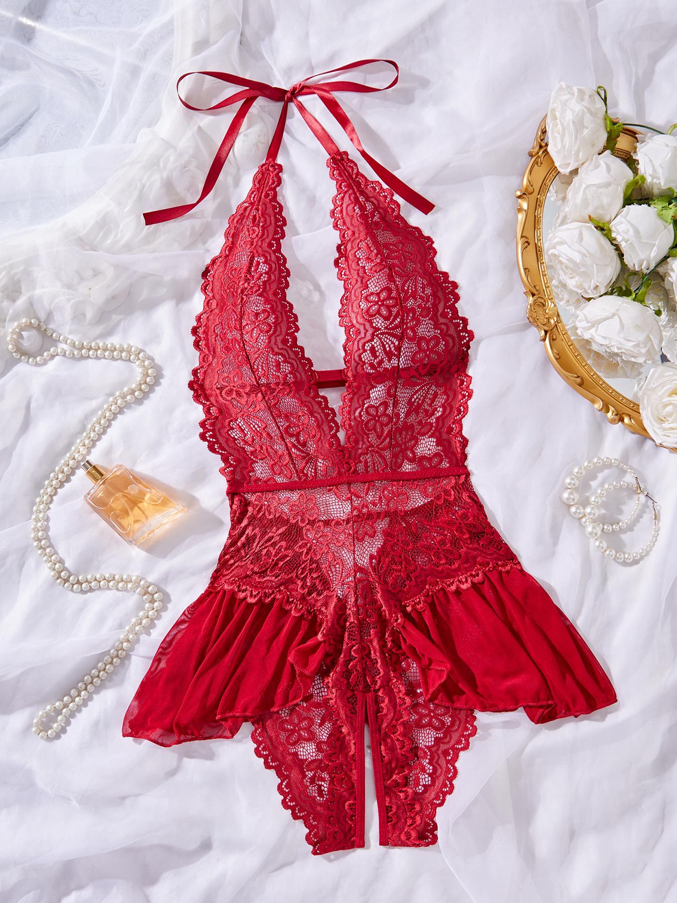 Women's Solid Color Lace Teddy Bodysuit, Sexy Breathable Push-Up Bodysuit for Daily Wear, Women's Lingerie for All Seasons