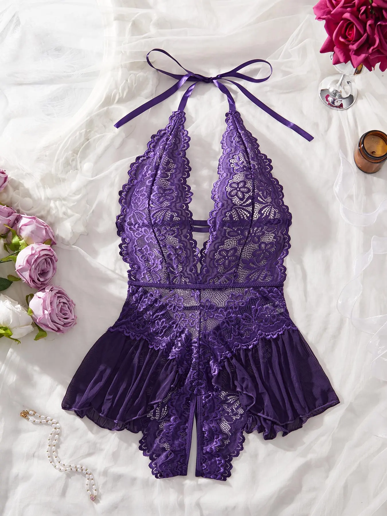Women's Solid Color Lace Teddy Bodysuit, Sexy Breathable Push-Up Bodysuit for Daily Wear, Women's Lingerie for All Seasons