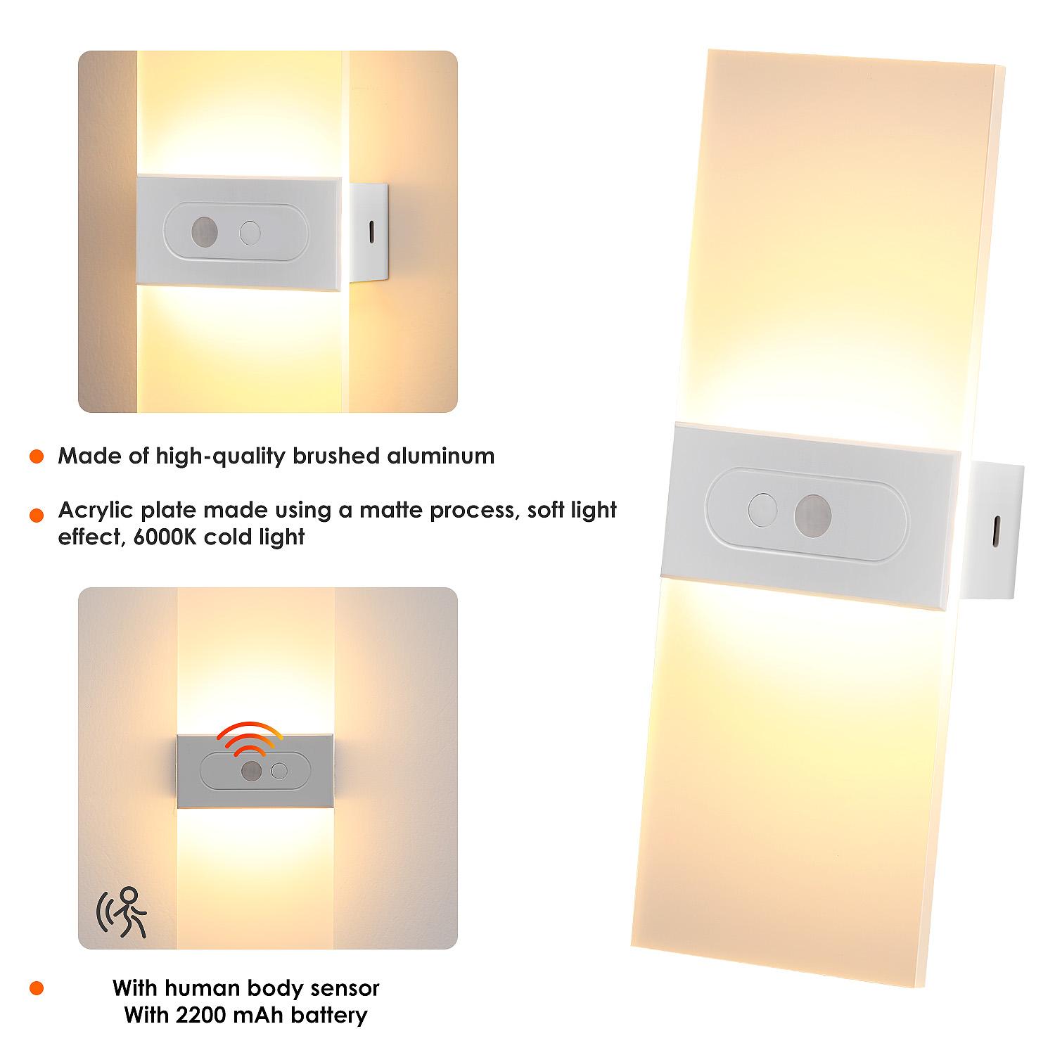 6000K Warm White Motion Sensor Wall Sconce – Battery‑Powered, USB‑Rechargeable Wireless Indoor Night Light for Hallway, Stairs & Living Room