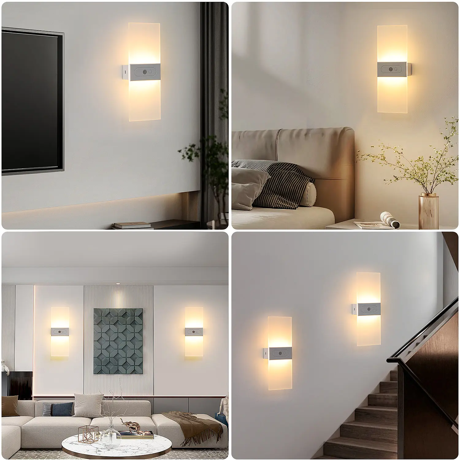 6000K Warm White Motion Sensor Wall Sconce – Battery‑Powered, USB‑Rechargeable Wireless Indoor Night Light for Hallway, Stairs & Living Room