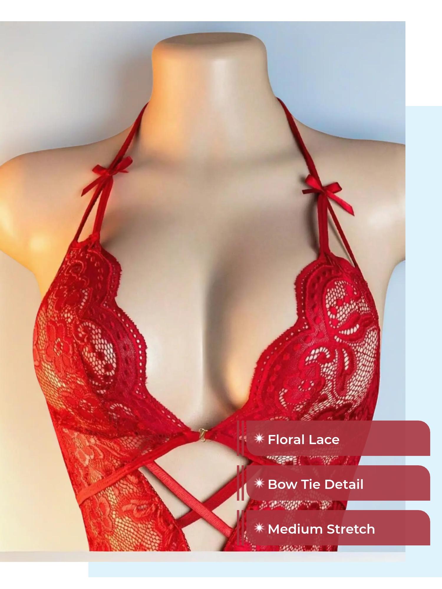 Women's Sexy One-Piece Floral Lace Bow Tie, Fitted All-Season Fashion, Perfect for Casual Wear & Stylish Occasions