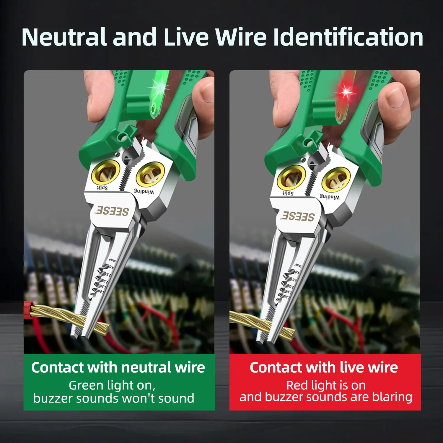 SEESE 8 in 1 Wire Stripper Twister for Cutting and Pulling Wires, Voltage Tester Pliers,Cable Scissors, 12V to 250V Live,Null,Hot Wire Judgment AC DC, Audible and Flashing LED Alarms
