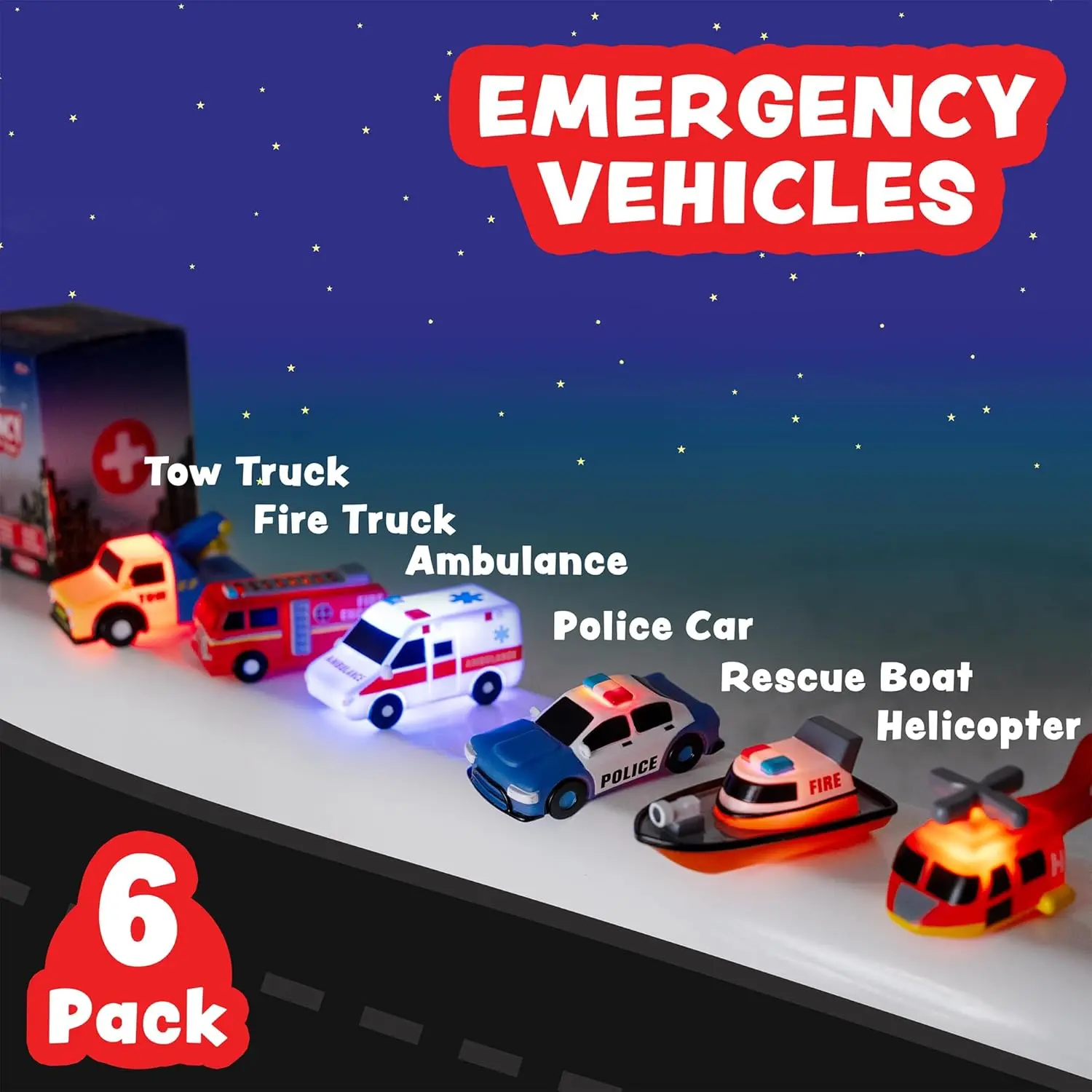 Tub Works Emergency Cars Light Up Bath Toys 6 Pack Water Activated Flashing Colors Soft Squeezable Sensory Toys for Kids Bath Fun in the Tub