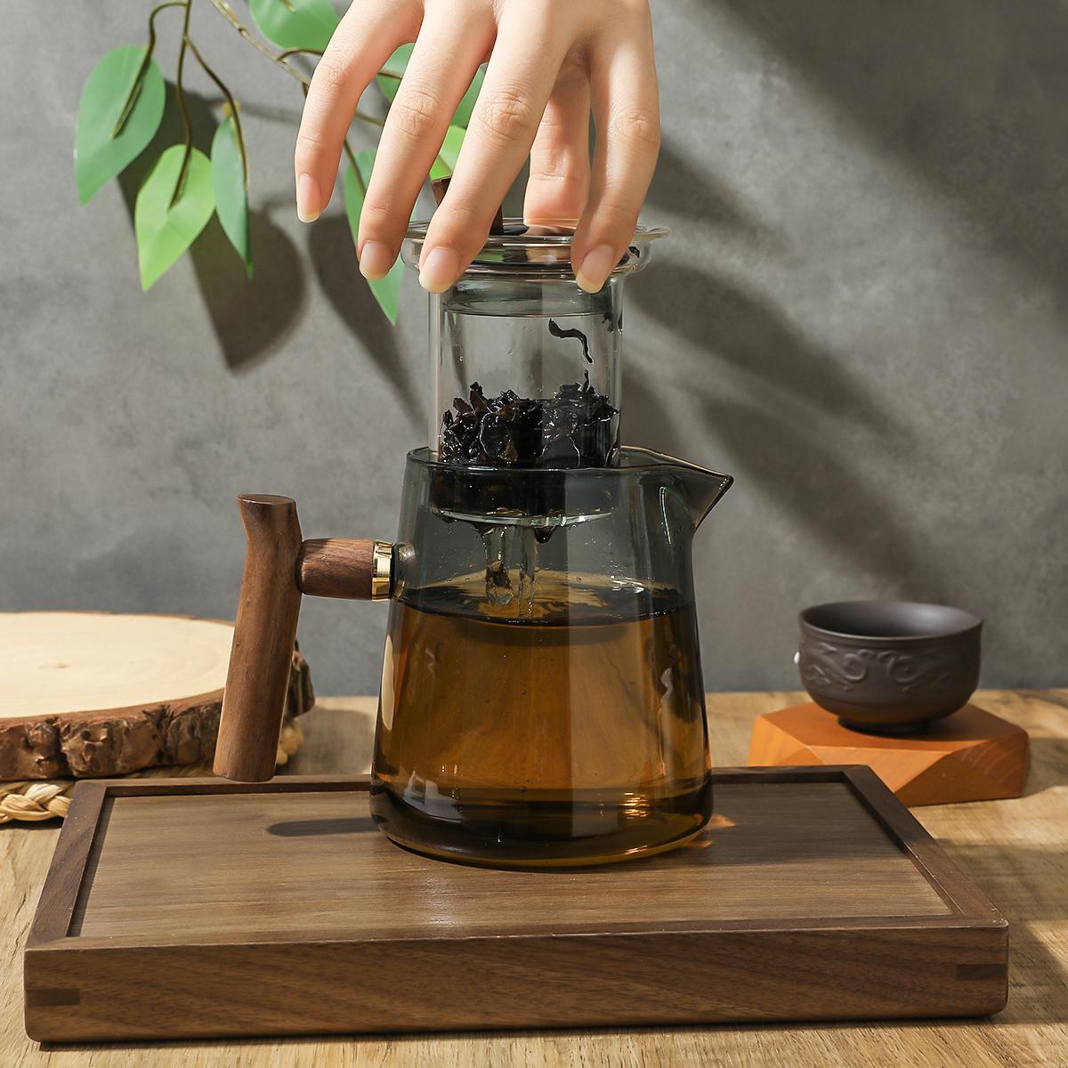 Glass Tea Pot with Wooden Handle, 1 Count Tea Separation Device, Heat Resistant Tea Pot for Home Office Use, Tea Making Tool, Glass Teapot