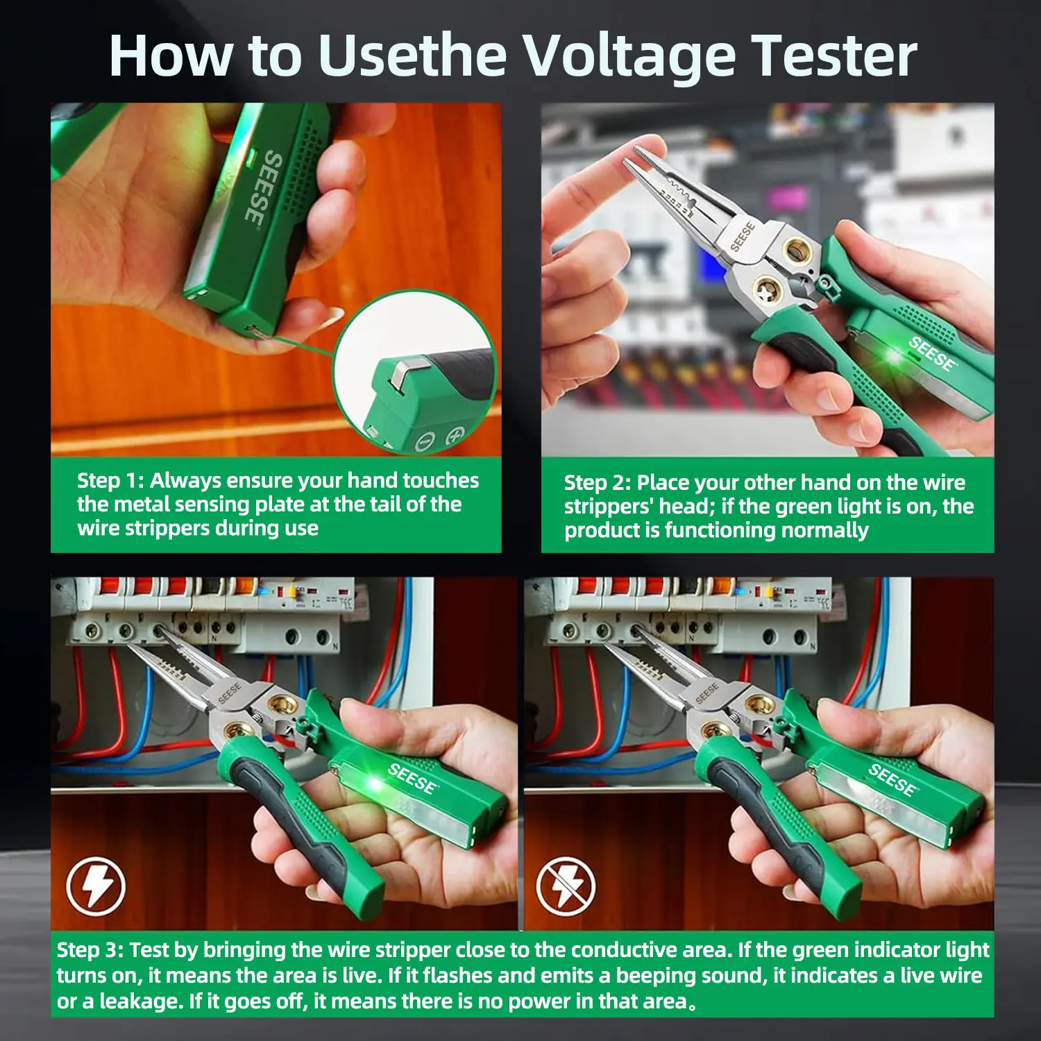 SEESE 8 in 1 Wire Stripper Twister for Cutting and Pulling Wires, Voltage Tester Pliers,Cable Scissors, 12V to 250V Live,Null,Hot Wire Judgment AC DC, Audible and Flashing LED Alarms