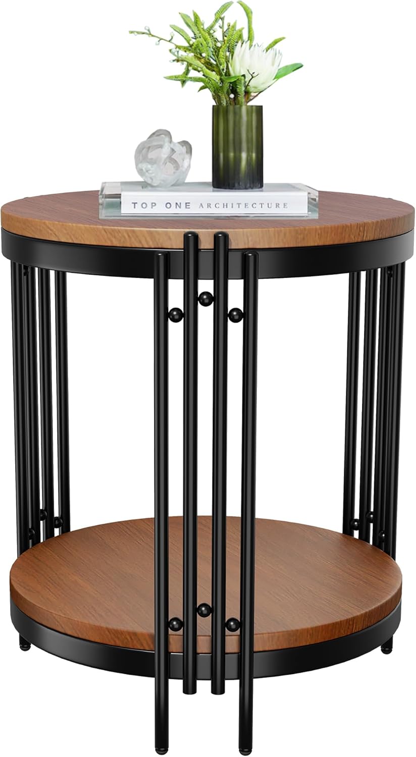 Round Side Table Bed Side Table/NightStand with 2-Tier Storage Shelves