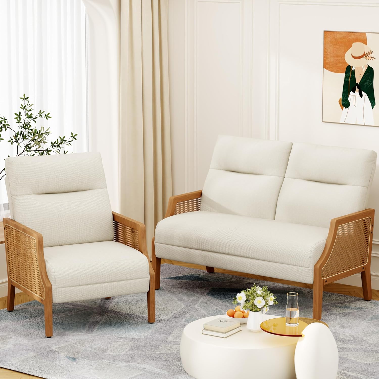 Sectional Loveseat with Accent Chairs with Rattan Armrest