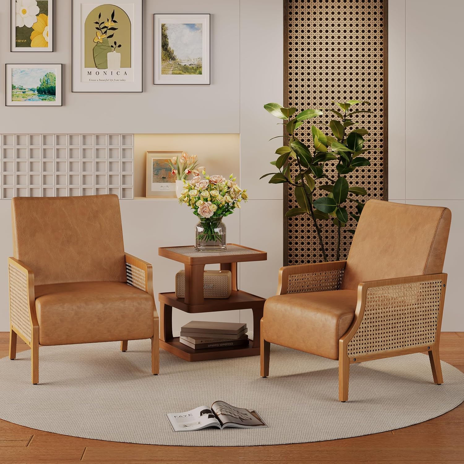 Mid Century Accent Chair Set of 2 with Rattan Armrest