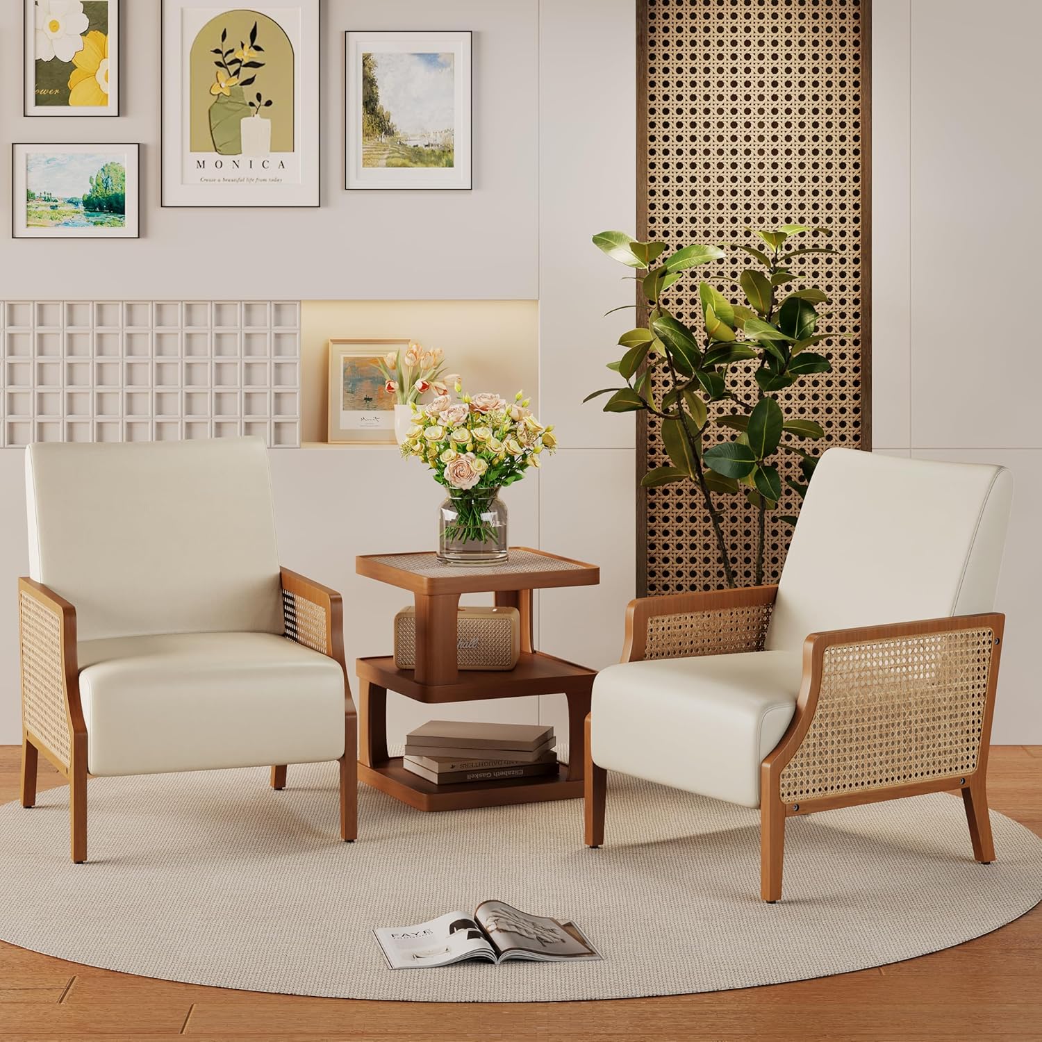 Mid Century Accent Chair Set of 2 with Rattan Armrest