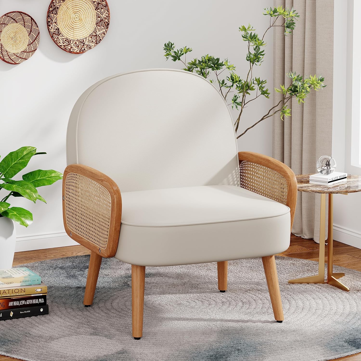 Mid Century Modern Accent Chair Armchair with Rattan Arms