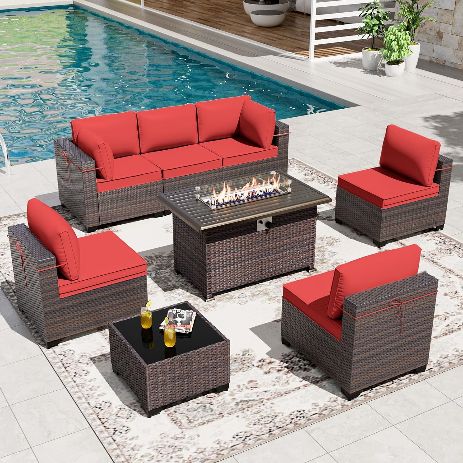 8 Pieces Patio Furniture Set with Fire Pit Table, All Weather Rattan Outdoor Furniture with 29.5'' High Backrest 4’’ Thick Cushions Coffee Table