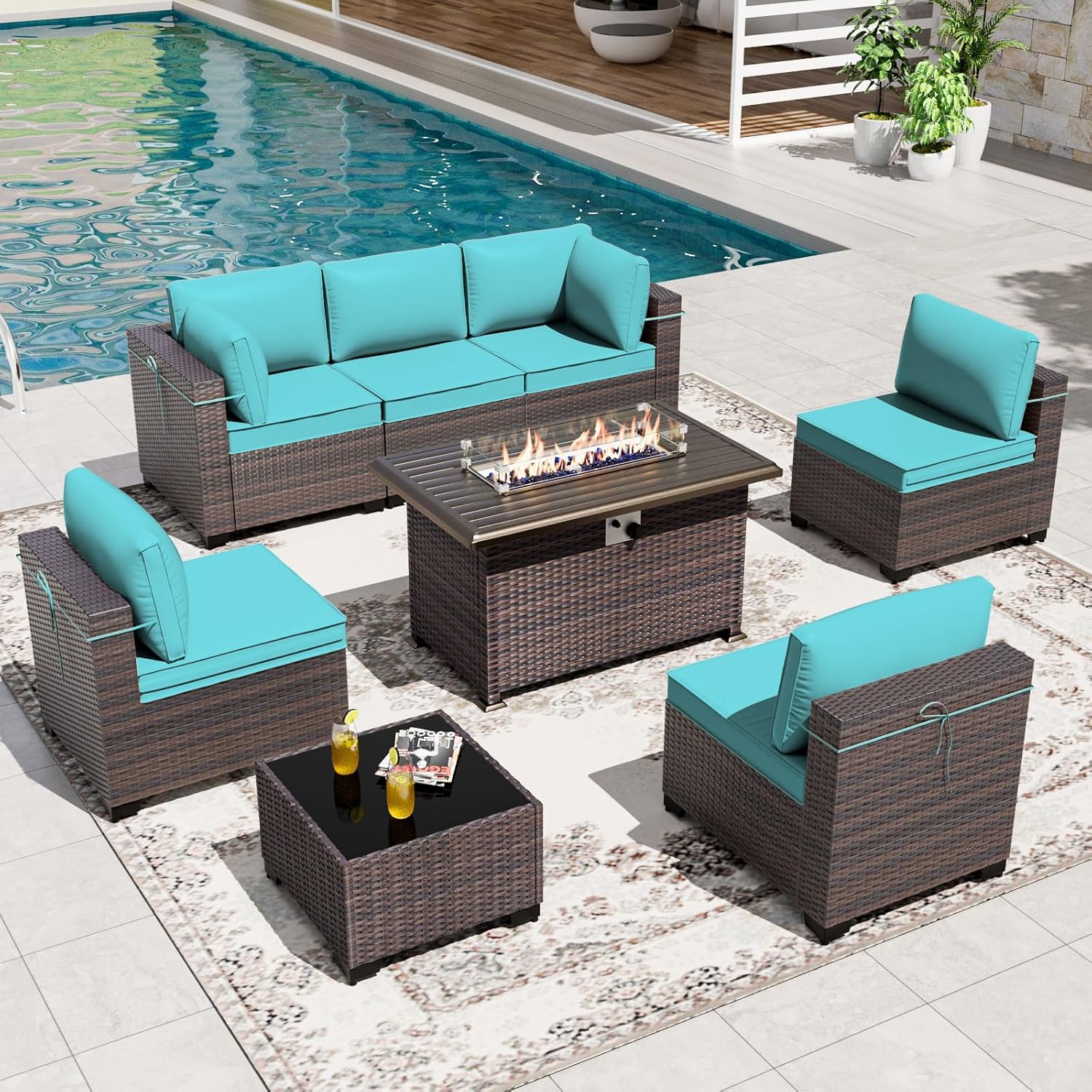 8 Pieces Patio Furniture Set with Fire Pit Table, All Weather Rattan Outdoor Furniture with 29.5'' High Backrest 4’’ Thick Cushions Coffee Table