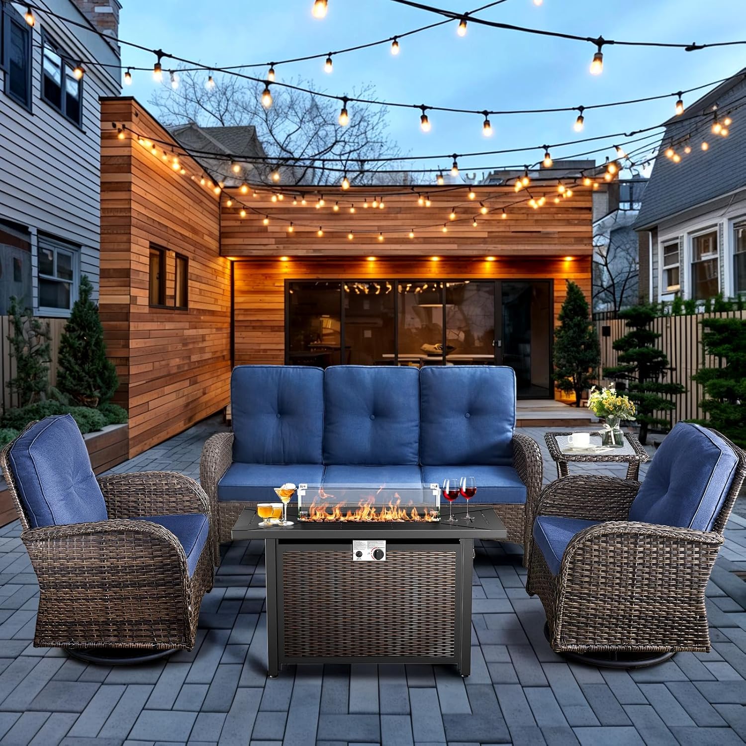 5-Piece Patio Furniture Set with Fire Pit,Wicker Outdoor Swivel Rocker Chairs Patio Sofa for Backyard