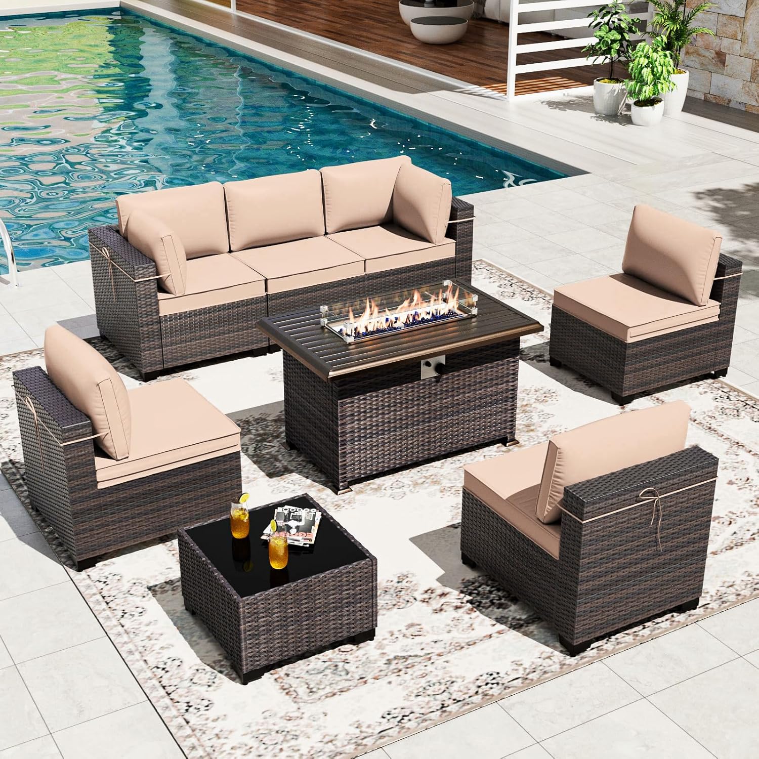 8 Pieces Patio Furniture Set with Fire Pit Table, All Weather Rattan Outdoor Furniture with 29.5'' High Backrest 4’’ Thick Cushions Coffee Table