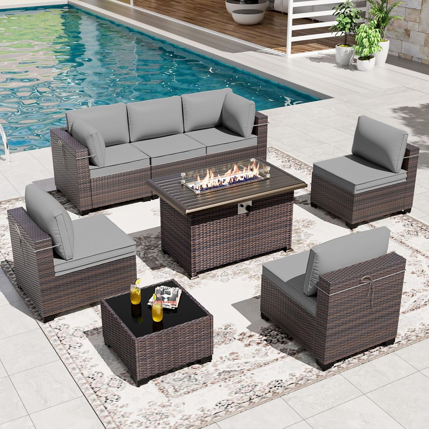 8 Pieces Patio Furniture Set with Fire Pit Table, All Weather Rattan Outdoor Furniture with 29.5'' High Backrest 4’’ Thick Cushions Coffee Table