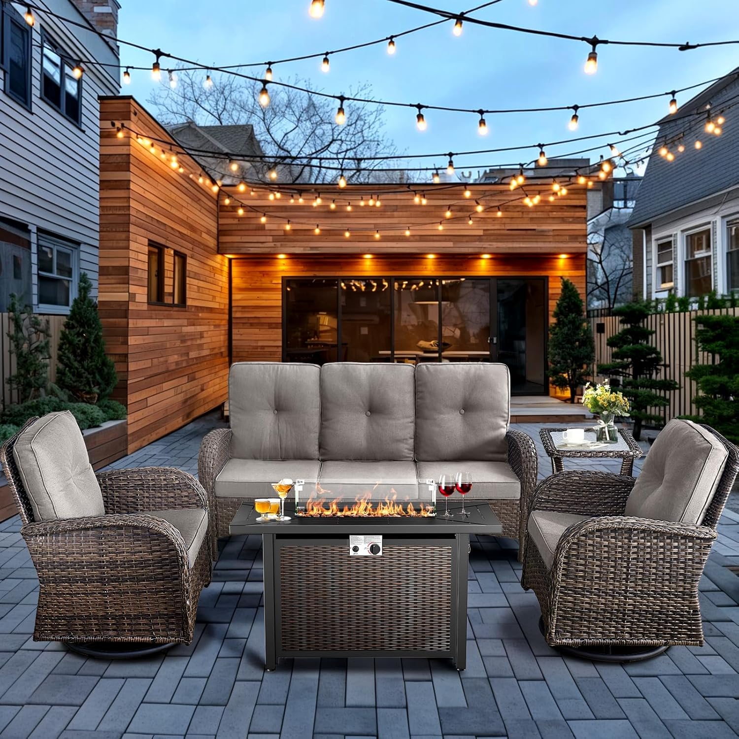 5-Piece Patio Furniture Set with Fire Pit,Wicker Outdoor Swivel Rocker Chairs Patio Sofa for Backyard