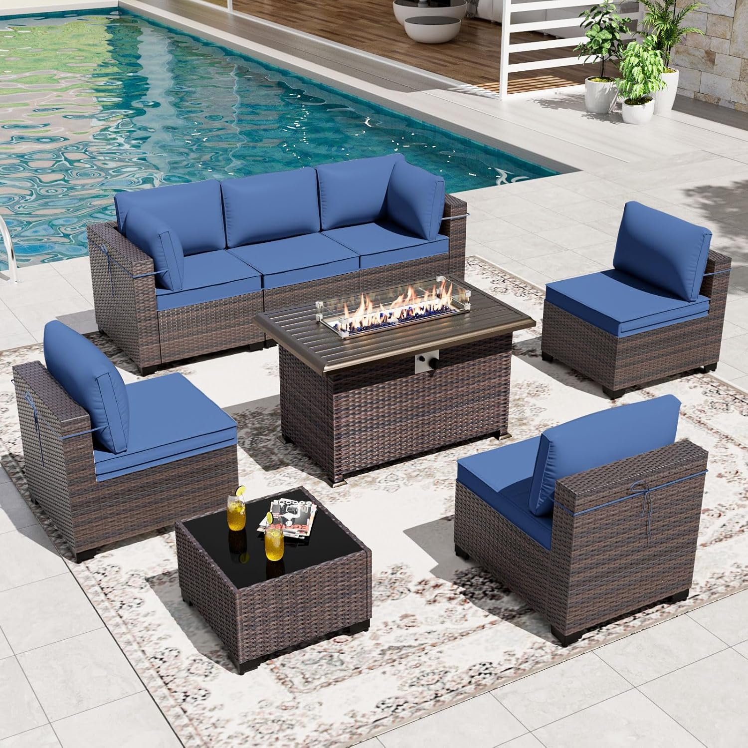 8 Pieces Patio Furniture Set with Fire Pit Table, All Weather Rattan Outdoor Furniture with 29.5'' High Backrest 4’’ Thick Cushions Coffee Table