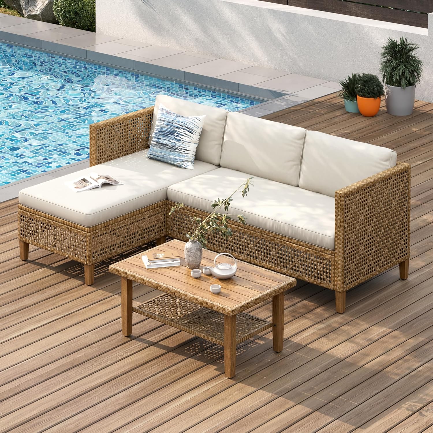  Outdoor Sectional Couch, Wicker Patio Furniture Set with Cushions and Acacia Wood Coffee Table, L-Shape Small Outdoor Corner Sofa Set for Deck or Porch