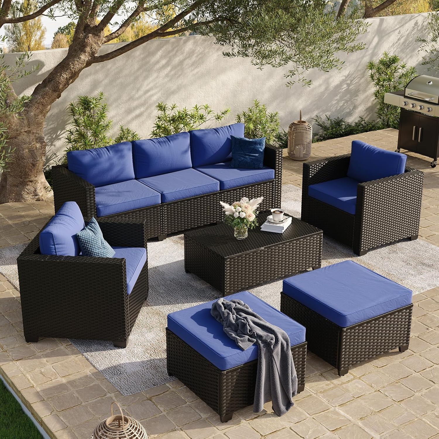 8 Piece Outdoor Patio Furniture Set 7 Seats, Outdoor Sectional with Thick Waterproof Cushions & Storage Coffee Table