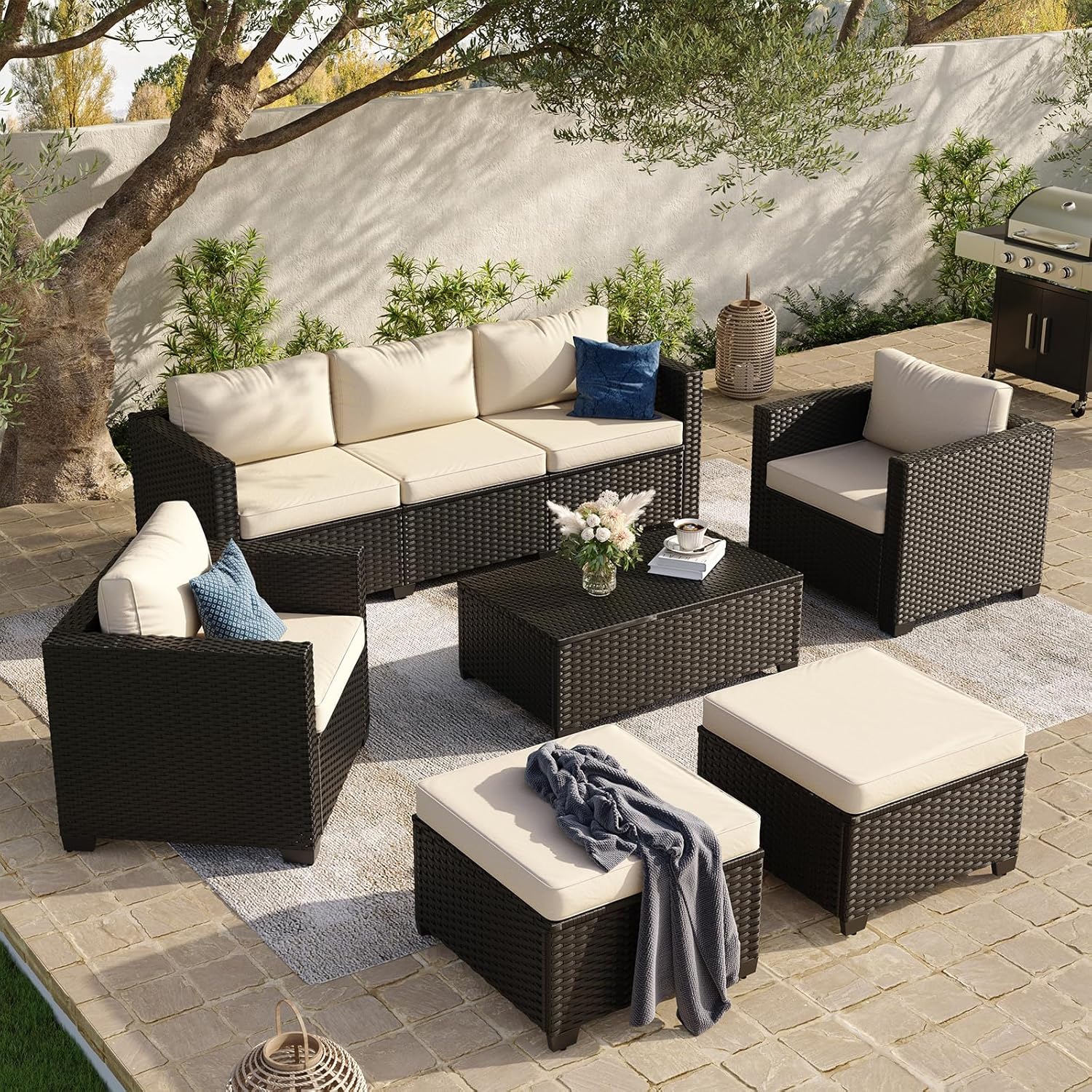 8 Piece Outdoor Patio Furniture Set 7 Seats, Outdoor Sectional with Thick Waterproof Cushions & Storage Coffee Table