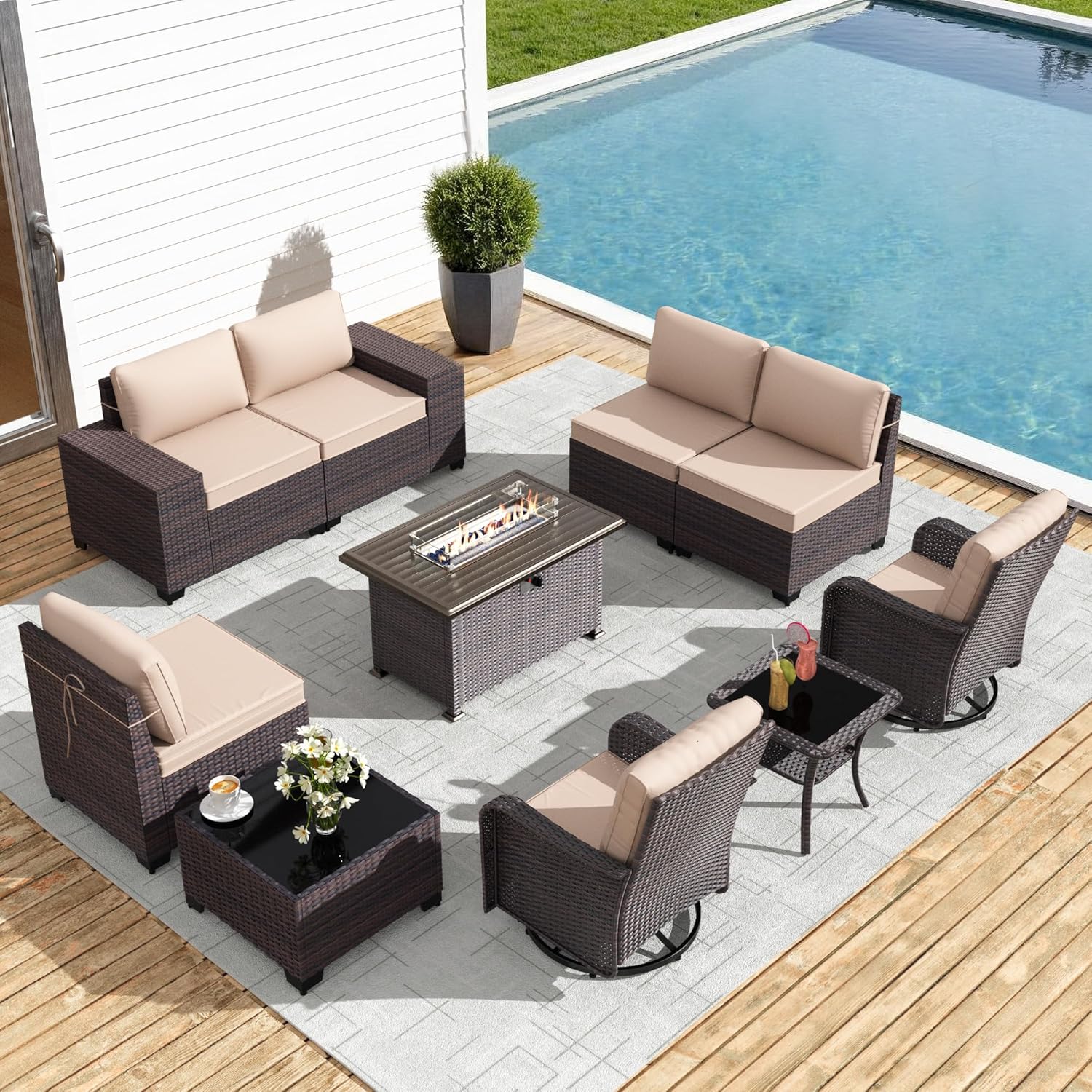 10 Pieces Patio Furniture Set with 2 Swivel Rocking Chairs 1 Fire Pit Table