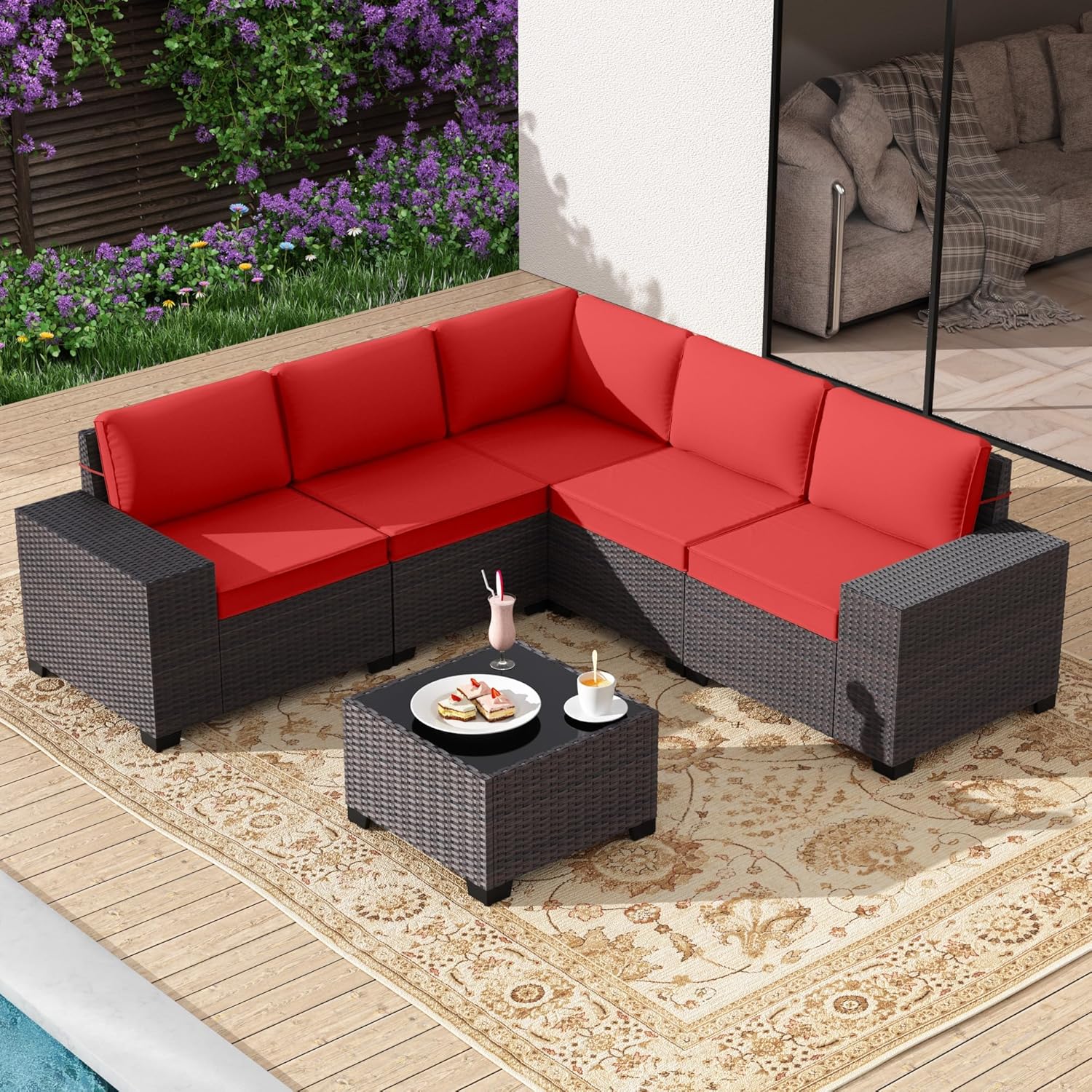  6 Pieces Patio Furniture Set with 1 Coffee Table, 5 Seater Rattan Outdoor Sectional with Wide Armrests 29.5'' High Backrest Thick Waterproof Cushions,