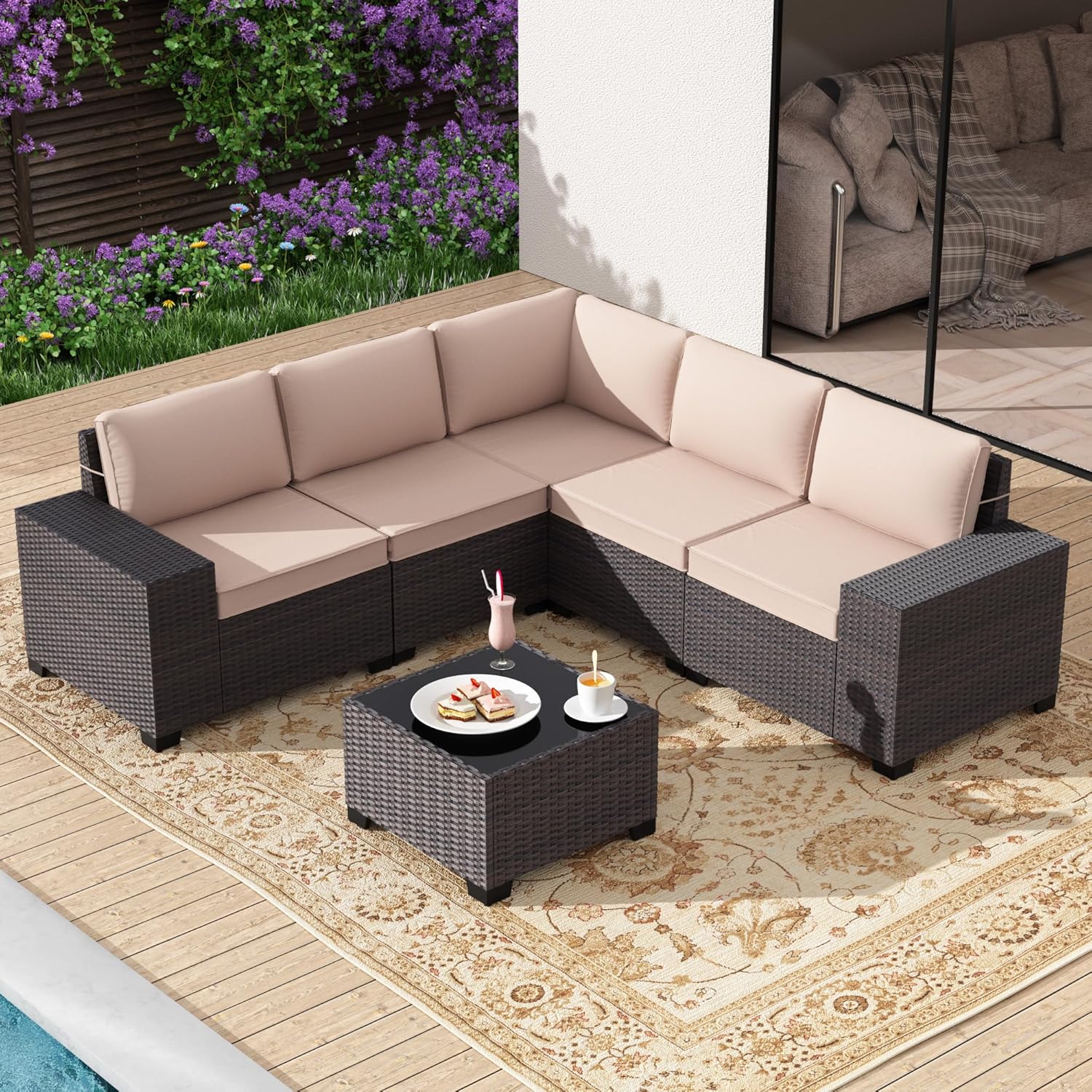  6 Pieces Patio Furniture Set with 1 Coffee Table, 5 Seater Rattan Outdoor Sectional with Wide Armrests 29.5'' High Backrest Thick Waterproof Cushions,