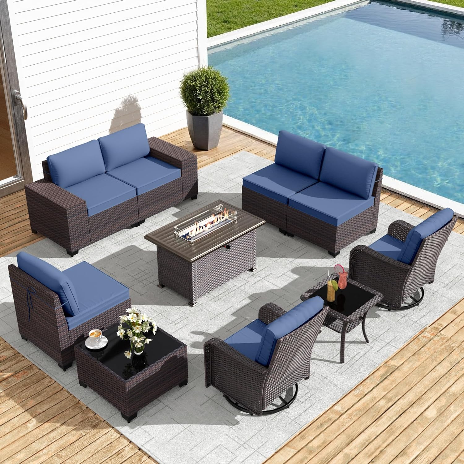 10 Pieces Patio Furniture Set with 2 Swivel Rocking Chairs 1 Fire Pit Table