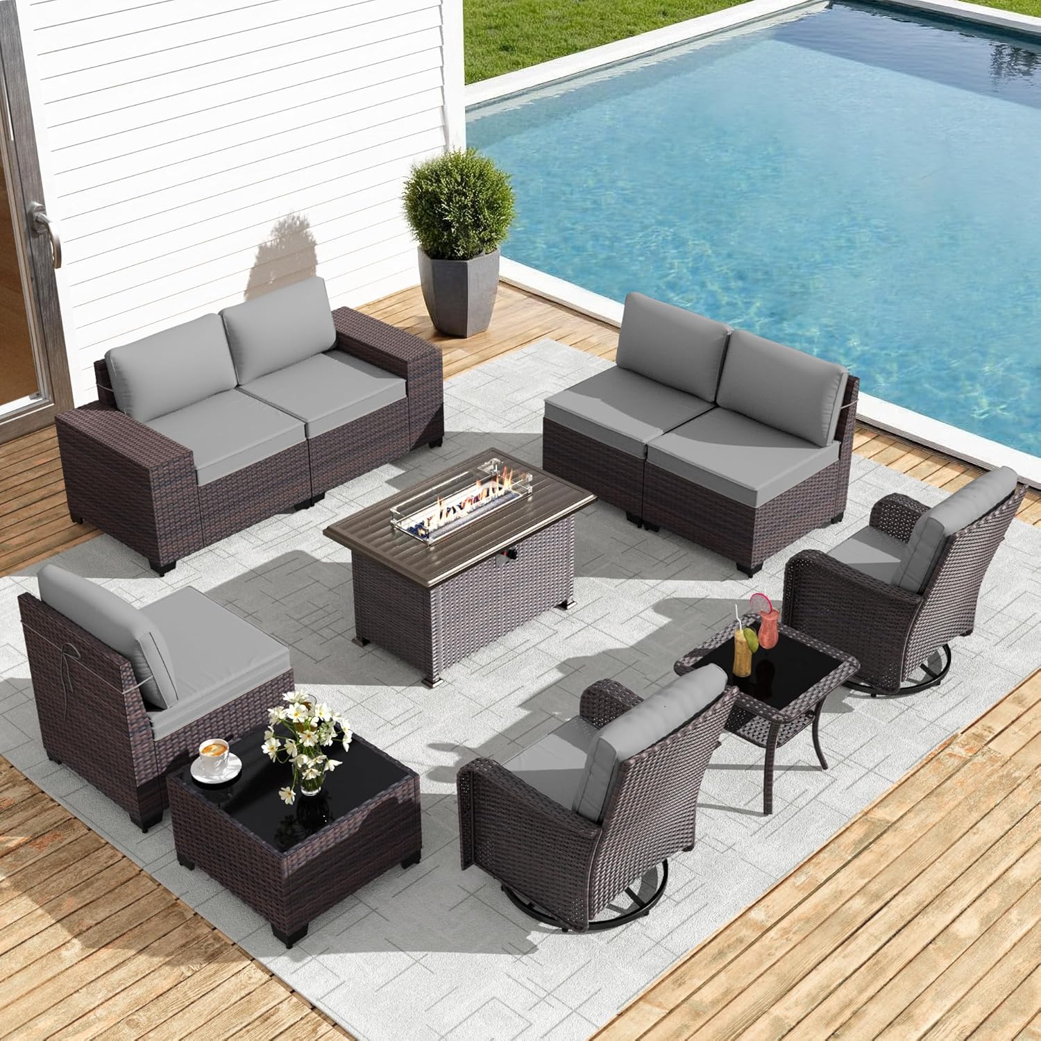 10 Pieces Patio Furniture Set with 2 Swivel Rocking Chairs 1 Fire Pit Table