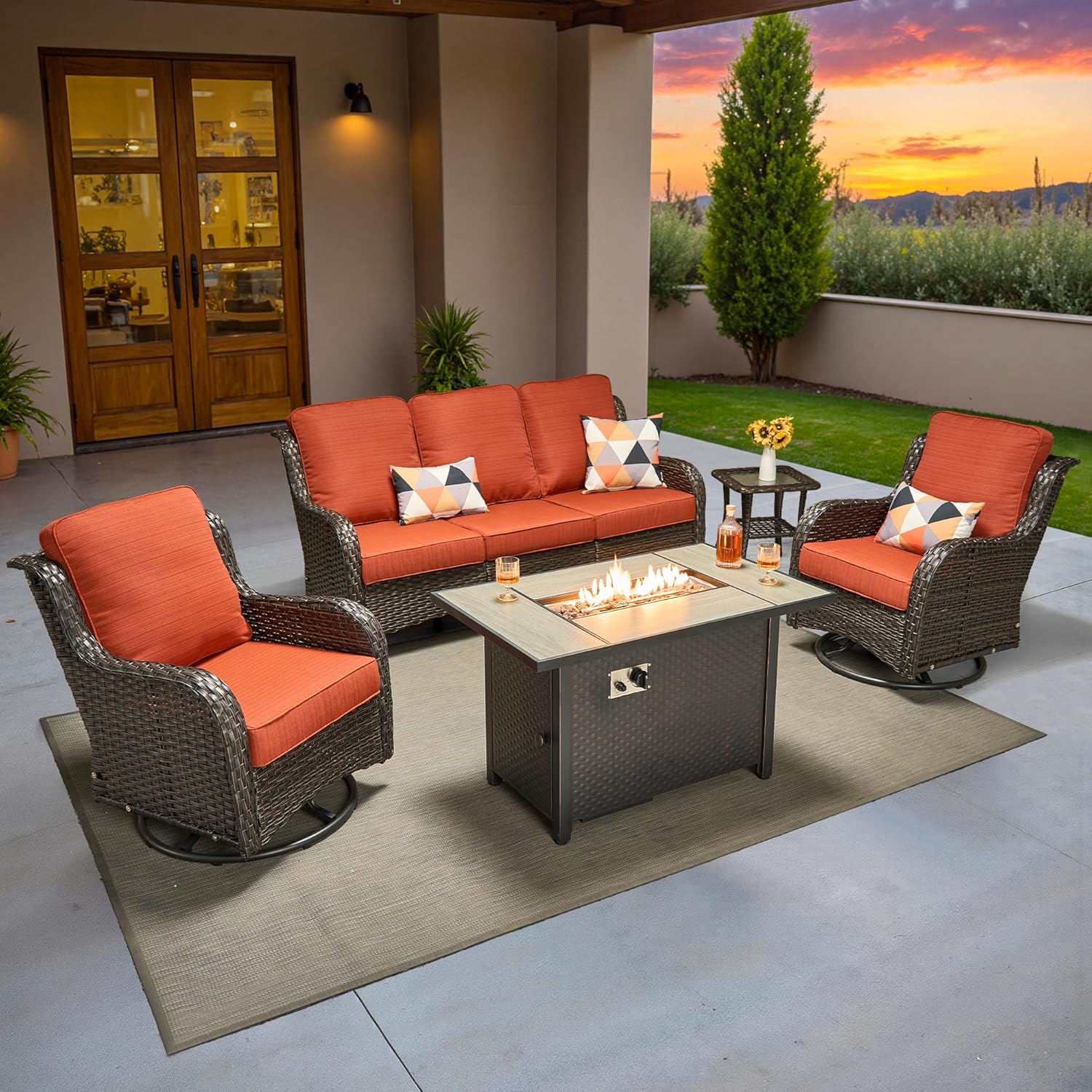 5-Piece Patio Furniture Set with Swivel Chairs Coffee Table, Outdoor Wicker Sofa with 42" Fire Pit Table, High Back Couch Modern Conversation Sets, Grey/Denim Blue
