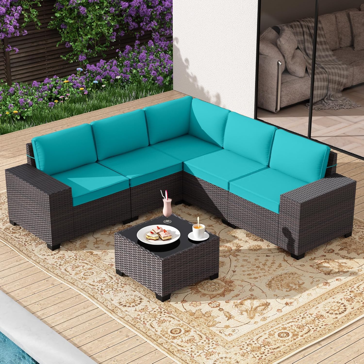  6 Pieces Patio Furniture Set with 1 Coffee Table, 5 Seater Rattan Outdoor Sectional with Wide Armrests 29.5'' High Backrest Thick Waterproof Cushions,