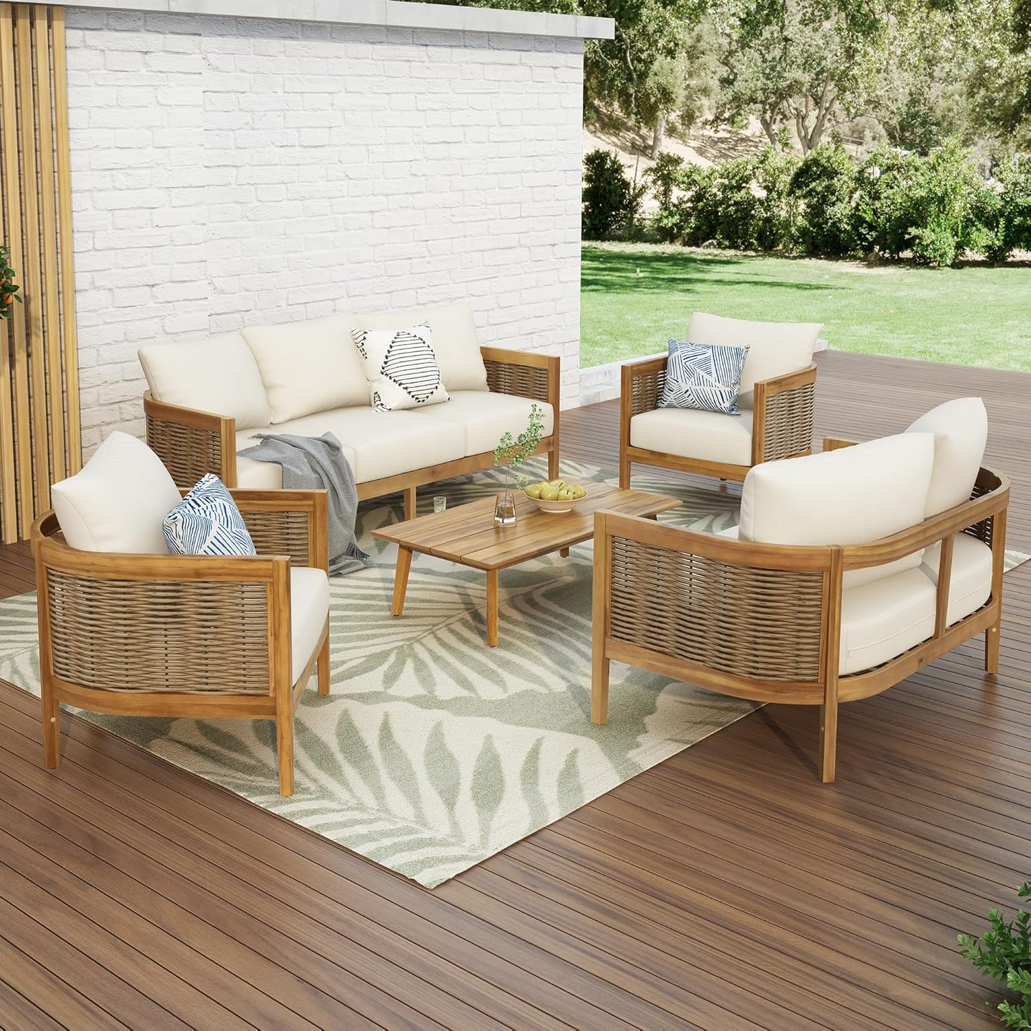 5-Piece Outdoor Acacia Wood Wicker Conversation Set with 3 Seater Sofa,Loveseat,2 Chairs and Coffetable for Backyard