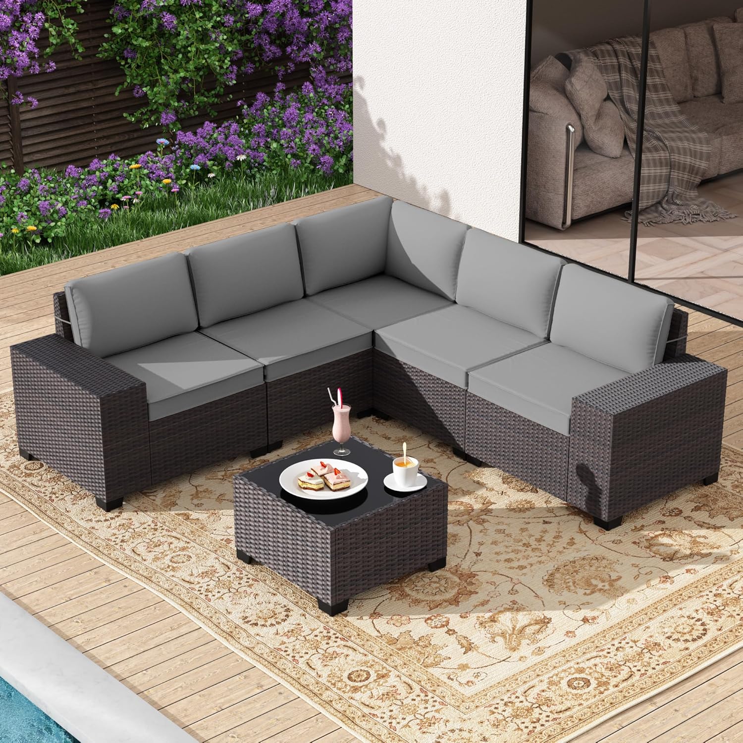  6 Pieces Patio Furniture Set with 1 Coffee Table, 5 Seater Rattan Outdoor Sectional with Wide Armrests 29.5'' High Backrest Thick Waterproof Cushions,