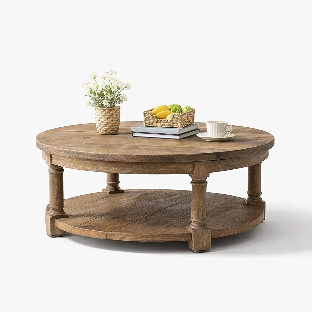Rustic Round Coffee Table Storage Shelf-yavniro