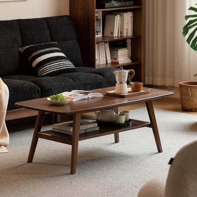 100% Solid Wood Coffee Table for Living Room, Mid Century Modern Small Tables with Shelf Storage, Storage Coffee Table with Rounded Corners