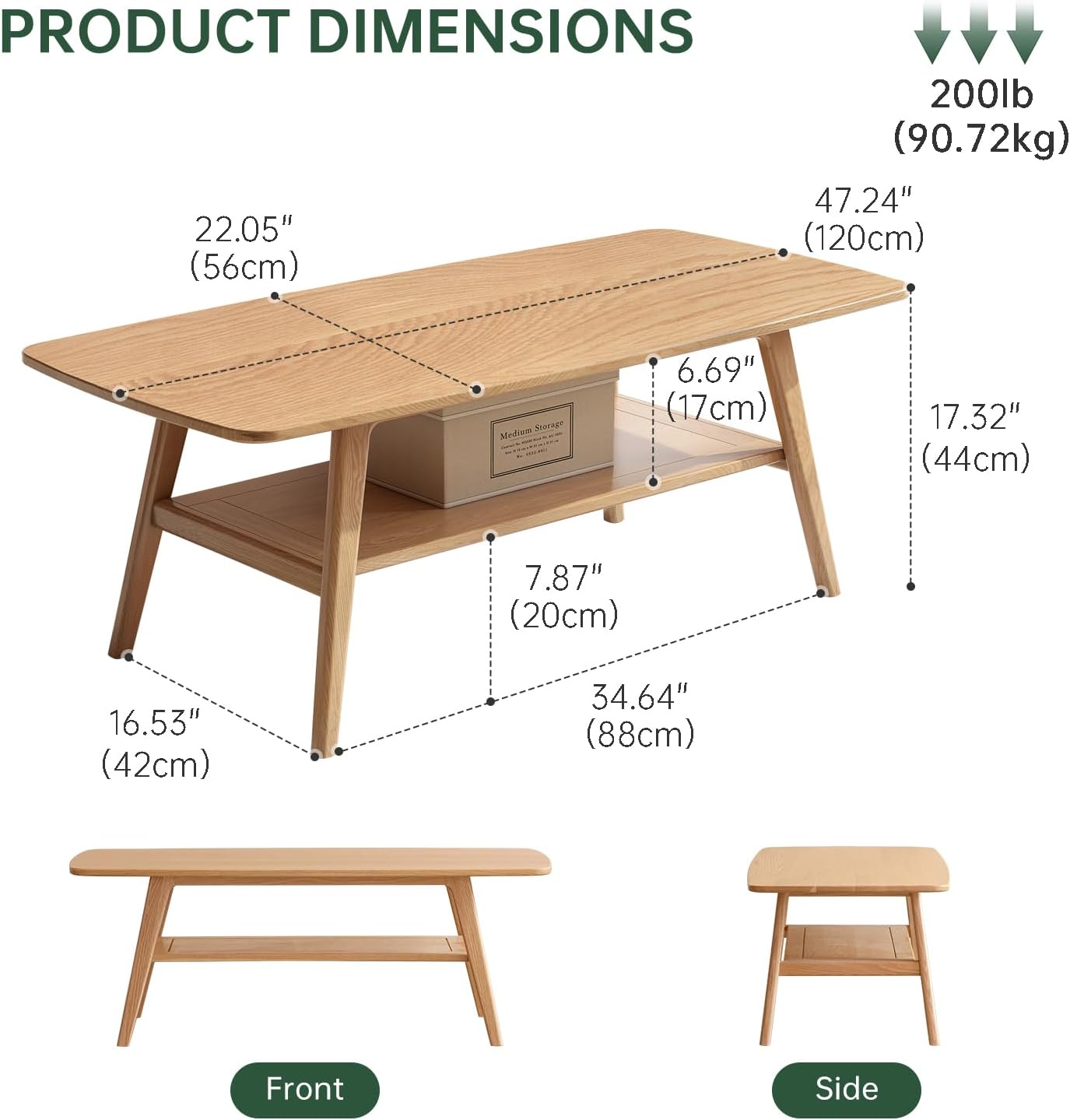 100% Solid Wood Coffee Table for Living Room, 47.24" Mid Century Modern Tables with Shelf Storage, 2-Tier Coffee Table with Rounded Corners 