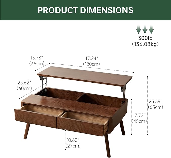 100% Solid Wood Lift Top Coffee Table for Living Room