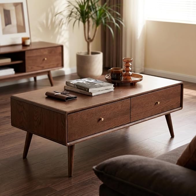 47.24" Solid Wood Coffee Table with Large Storage for Living Room, Oak Coffee Table with 4 Drawers