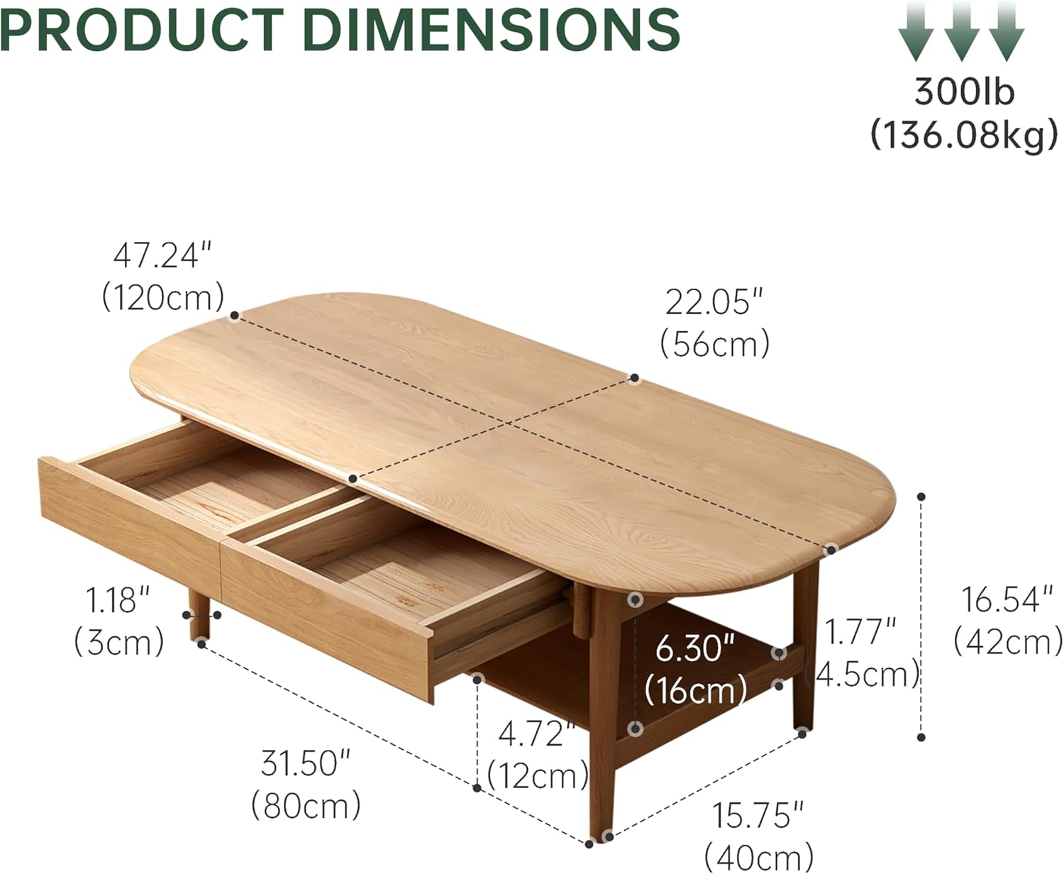 100% Solid Wood Coffee Table for Living Room, 2-Tier Living Room Table with 2 Drawers and Shelf Storage, Mid Century Modern Coffee Table for Home