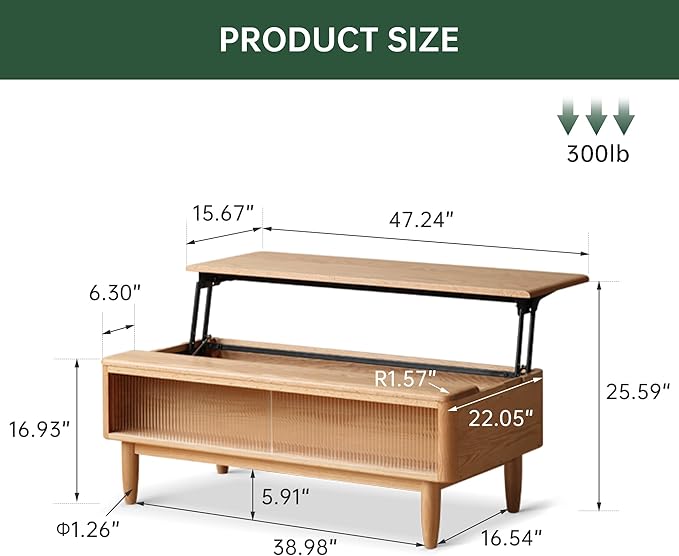 Wood Lift Top Coffee Table, 100% Solid Oak Wood Log Color Coffee Table with Glass Sliding Door