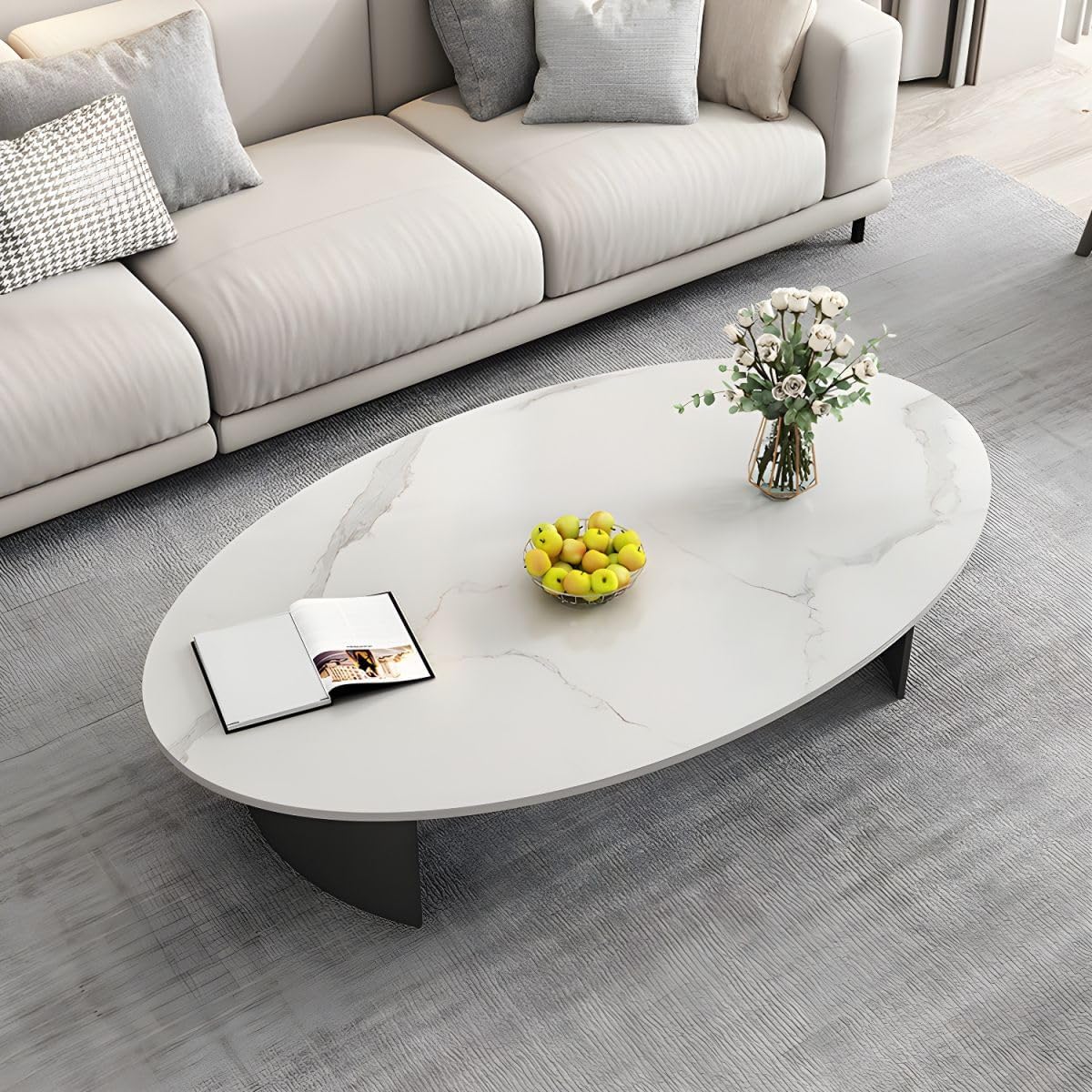 Coffee Table Small Oval Table,White Faux Marble Table for Living Room