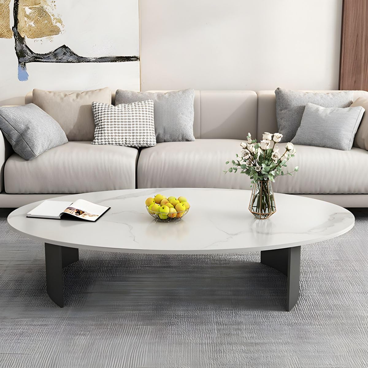 Coffee Table Small Oval Table,White Faux Marble Table for Living Room