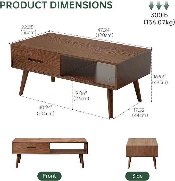 100% Solid Wood Coffee Table for Living Room, 47.24" W Oak Coffee Table with Storage Shelf and 2 Drawers