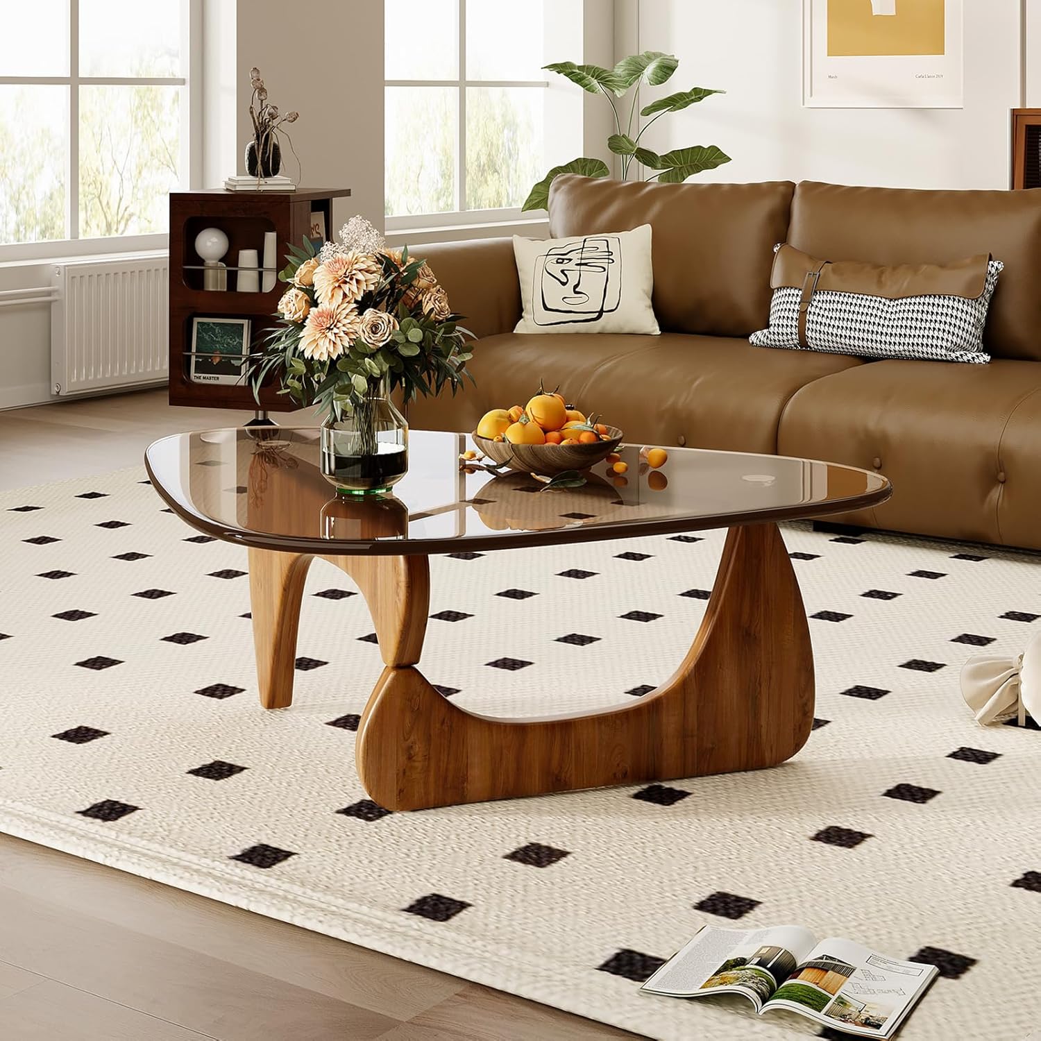 Coffee Table for Living Room Mid Century Modern Center Table with Glass Top and Wood