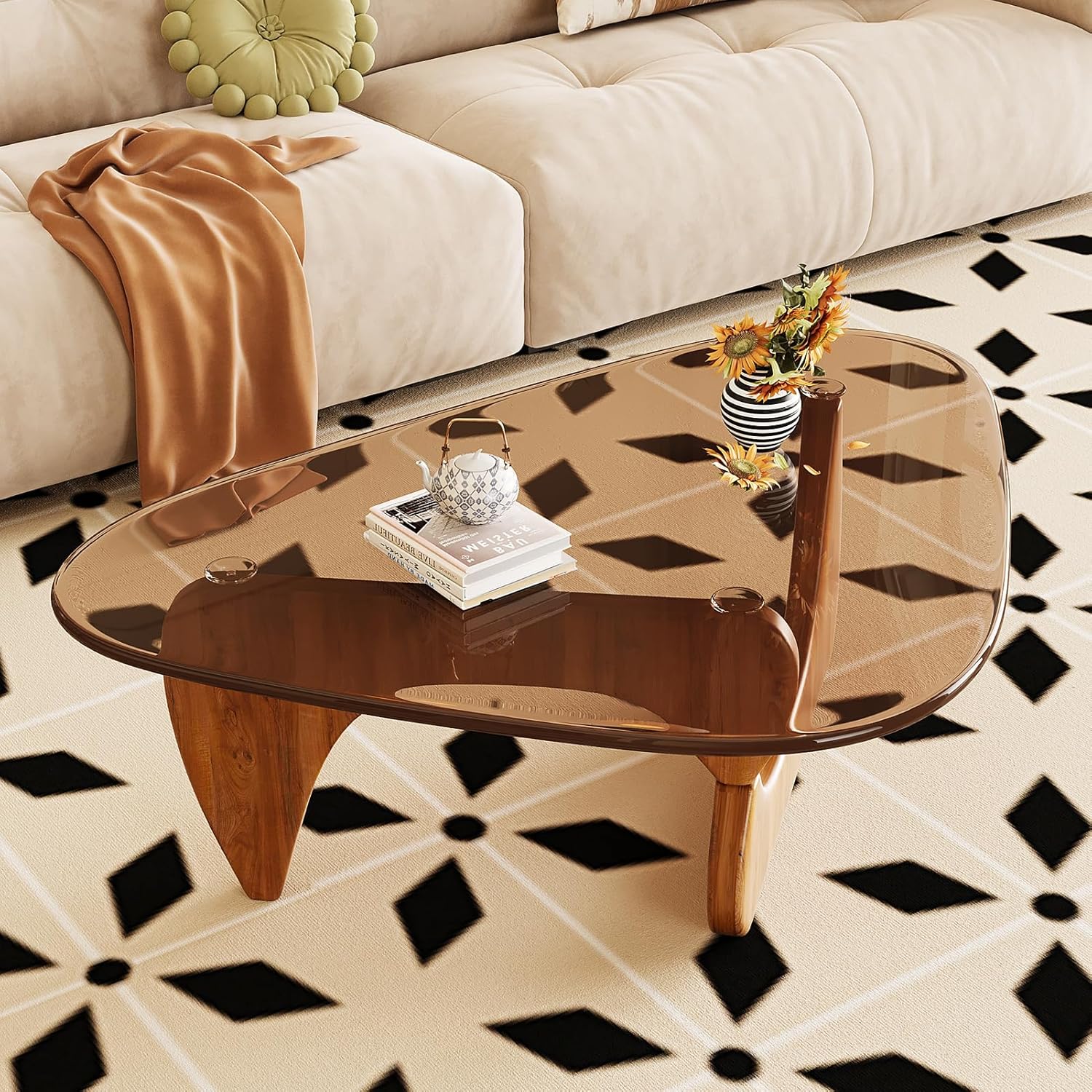 Coffee Table for Living Room Mid Century Modern Center Table with Glass Top and Wood