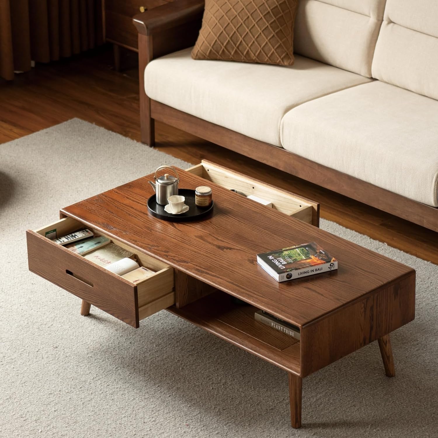 100% Solid Wood Coffee Table with Storage, Mid Century Modern Coffee Tables for Living Room, 39.37" W Coffee Table with 2 Drawers for Home