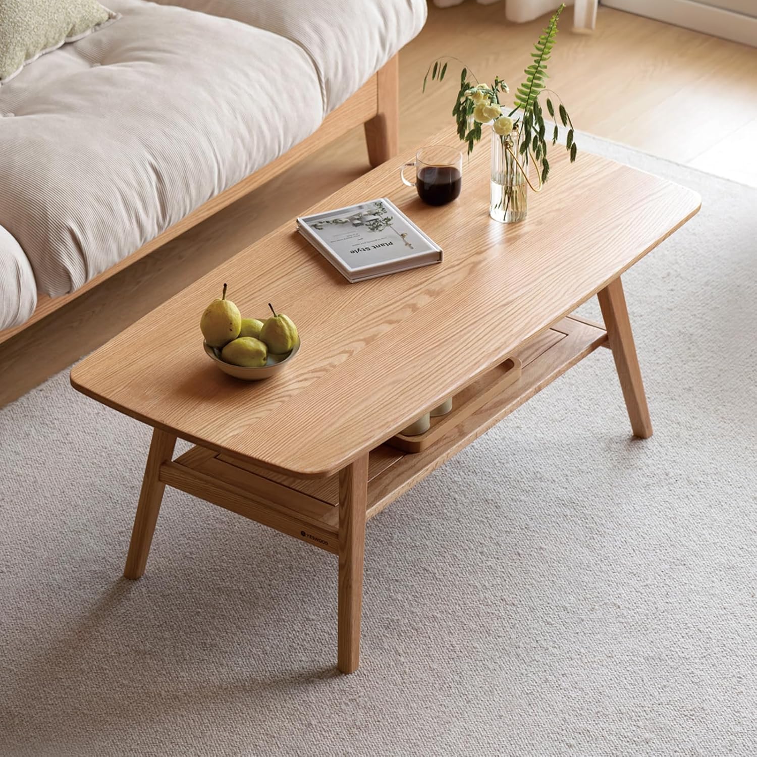 100% Solid Wood Coffee Table for Living Room, 47.24" Mid Century Modern Tables with Shelf Storage, 2-Tier Coffee Table with Rounded Corners 