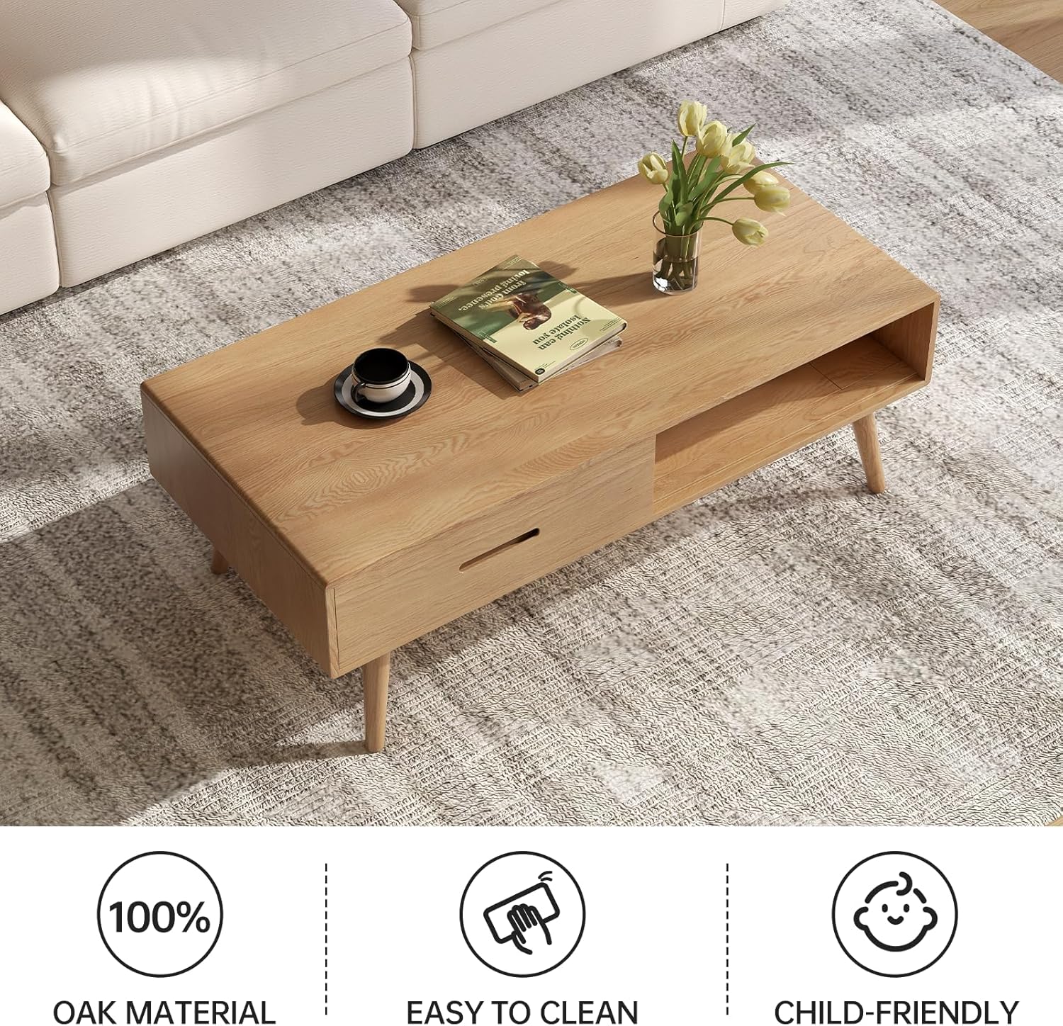 100% Solid Wood Lift Top Coffee Table for Living Room, Mid Century Modern Tables with Drawers and Large Storage, Oak Coffee Tables for Small Spaces 