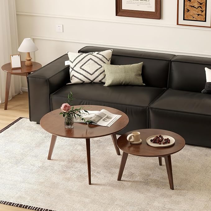 100% Solid Oak Wood Coffee Table Set, Round Coffee Table Combo Side Table w/Solid Wood Legs